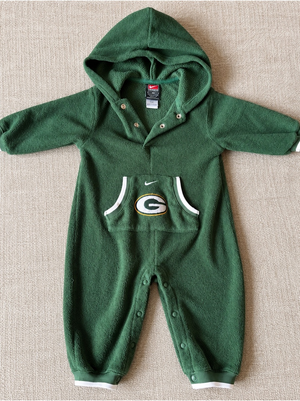 Vintage Nike Green Hooded Baby One-Piece with Packers Logo
